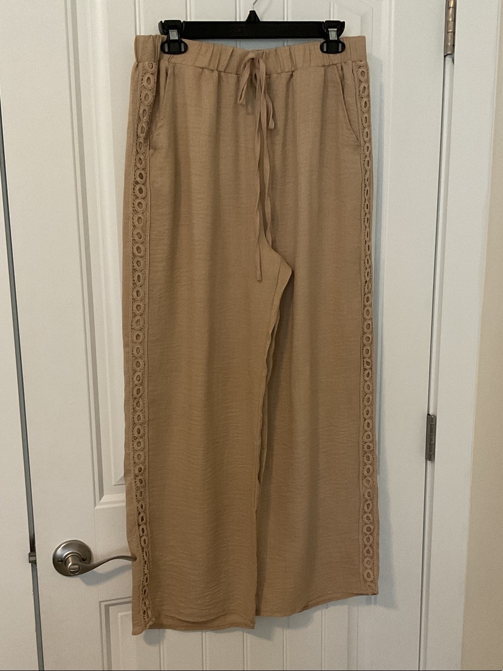 SHEIN Beige Wide Leg Lace-Trim Pants